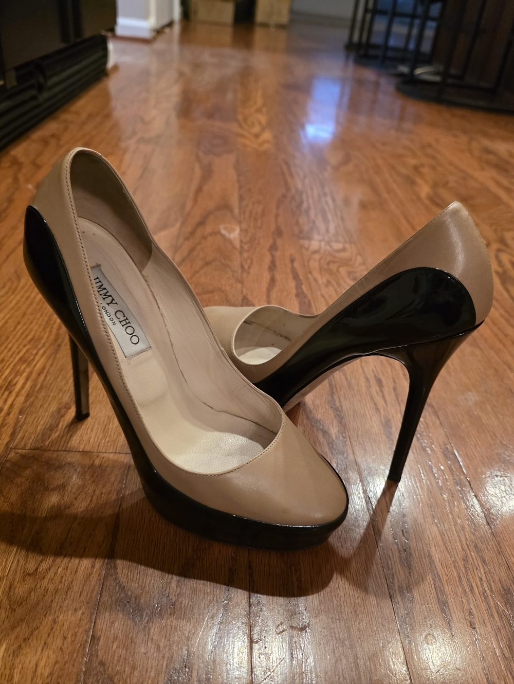 Jimmy Choo Sepia Beige and Black Leather Platform Pumps 39 Two Toned